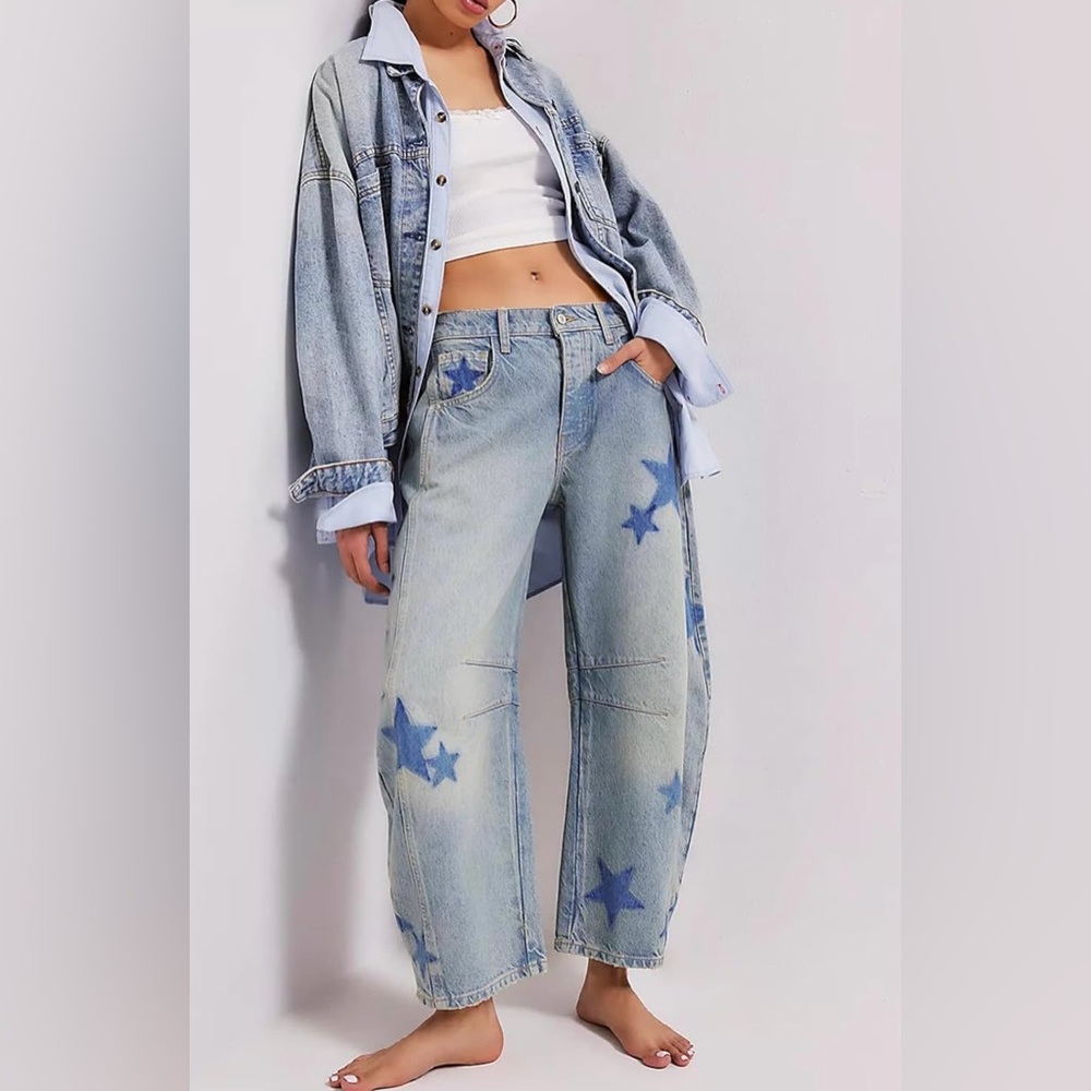 Star Patterned Blue Women's Barrel Jeans